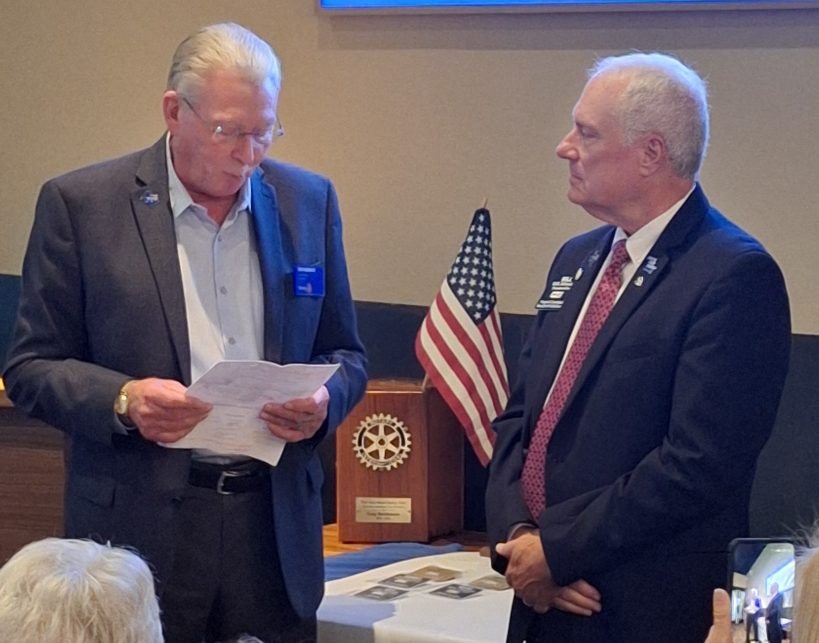 Fellow Rotarian & Associate District Governor Ron Hubbard does the honor of swearing in Will Winslett as the Rotary Year 2025-26 Fair Oaks Ranch Club President.