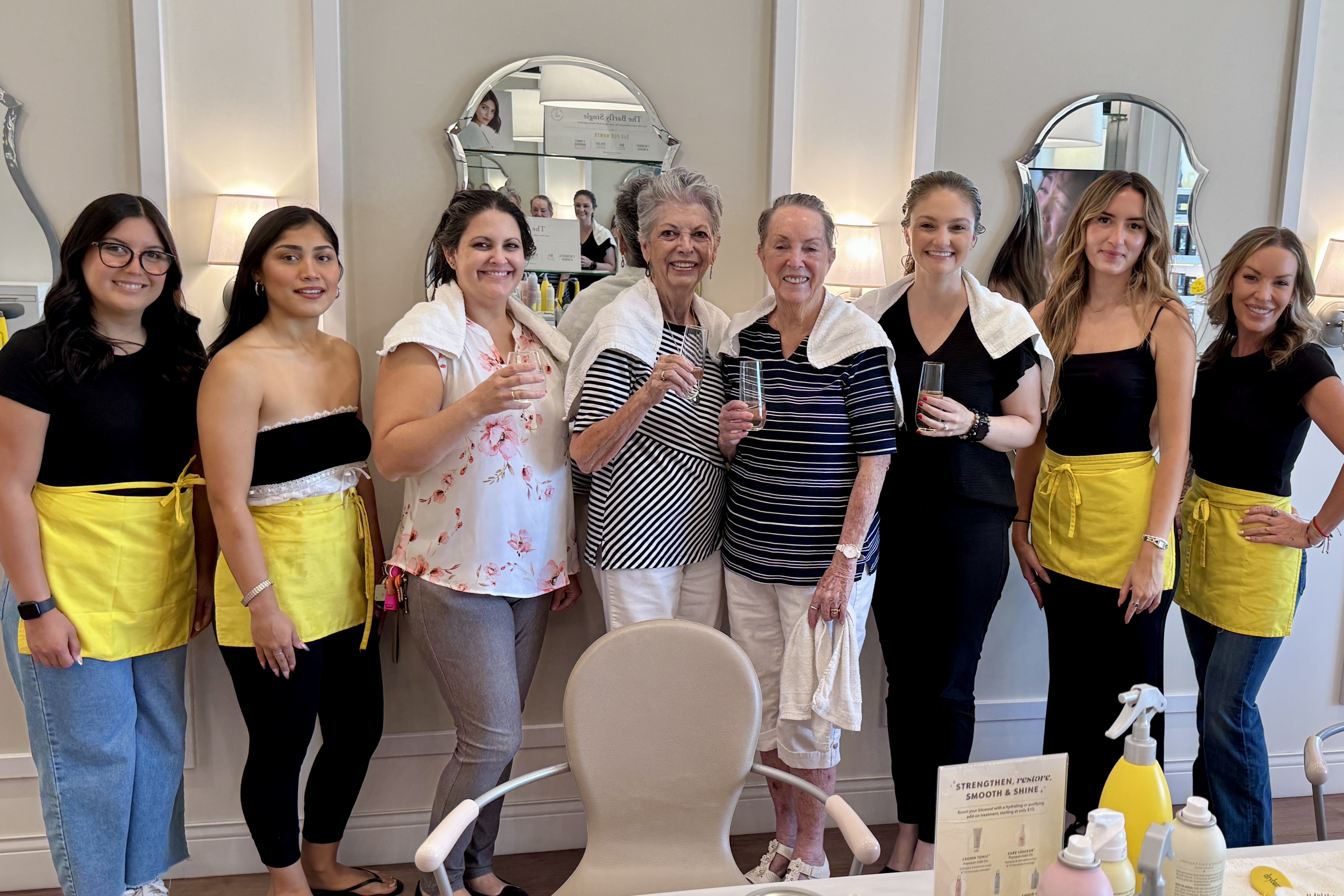 Brianne, Donna, Marianne, and Kristine ready for their transformation by the willing Drybar staff