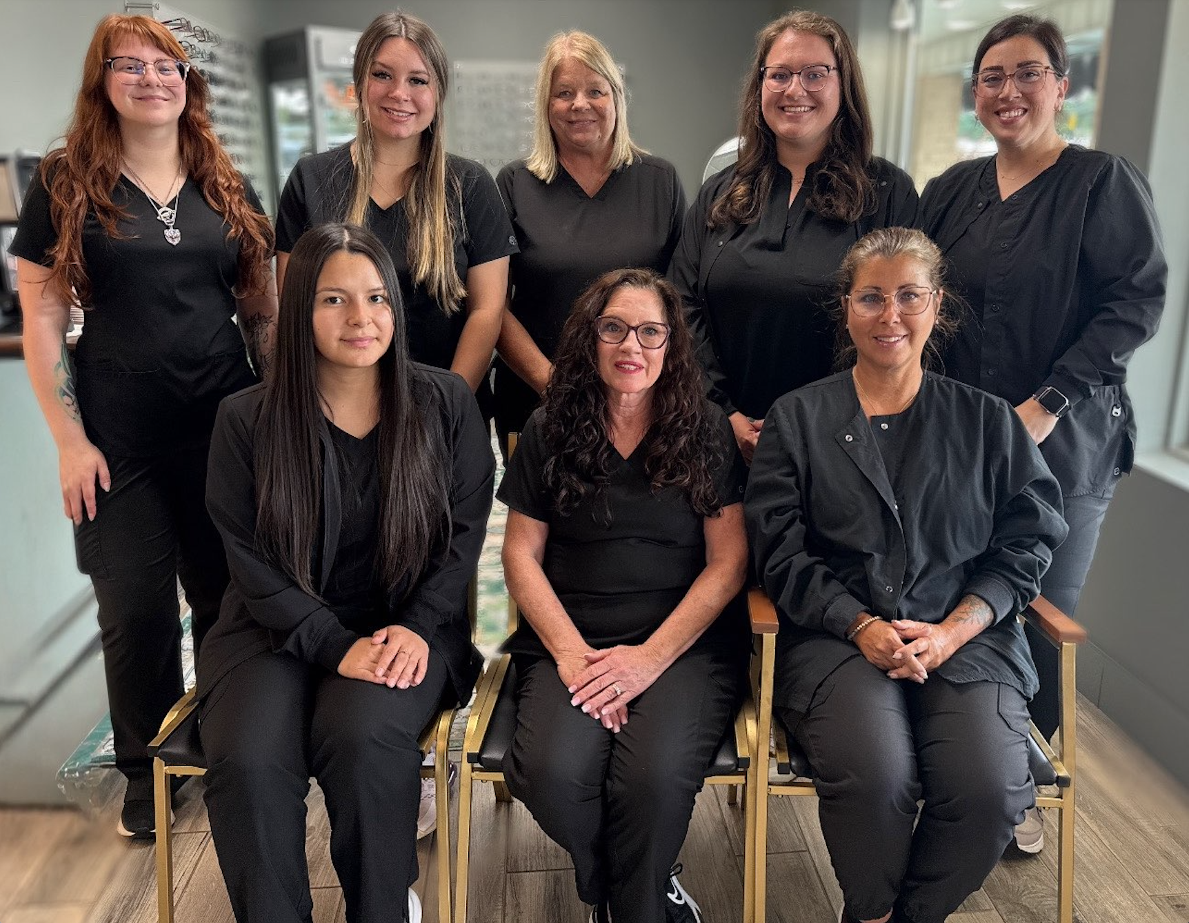 Elite Eye Care team: back row Beth Optician, Taylor Tech, Patty Patient Coordinator, Raven Office Manager, Marissa Tech front row Jaqueline Tech, Christine Patient Concierge, Jennifer Optical Manager.