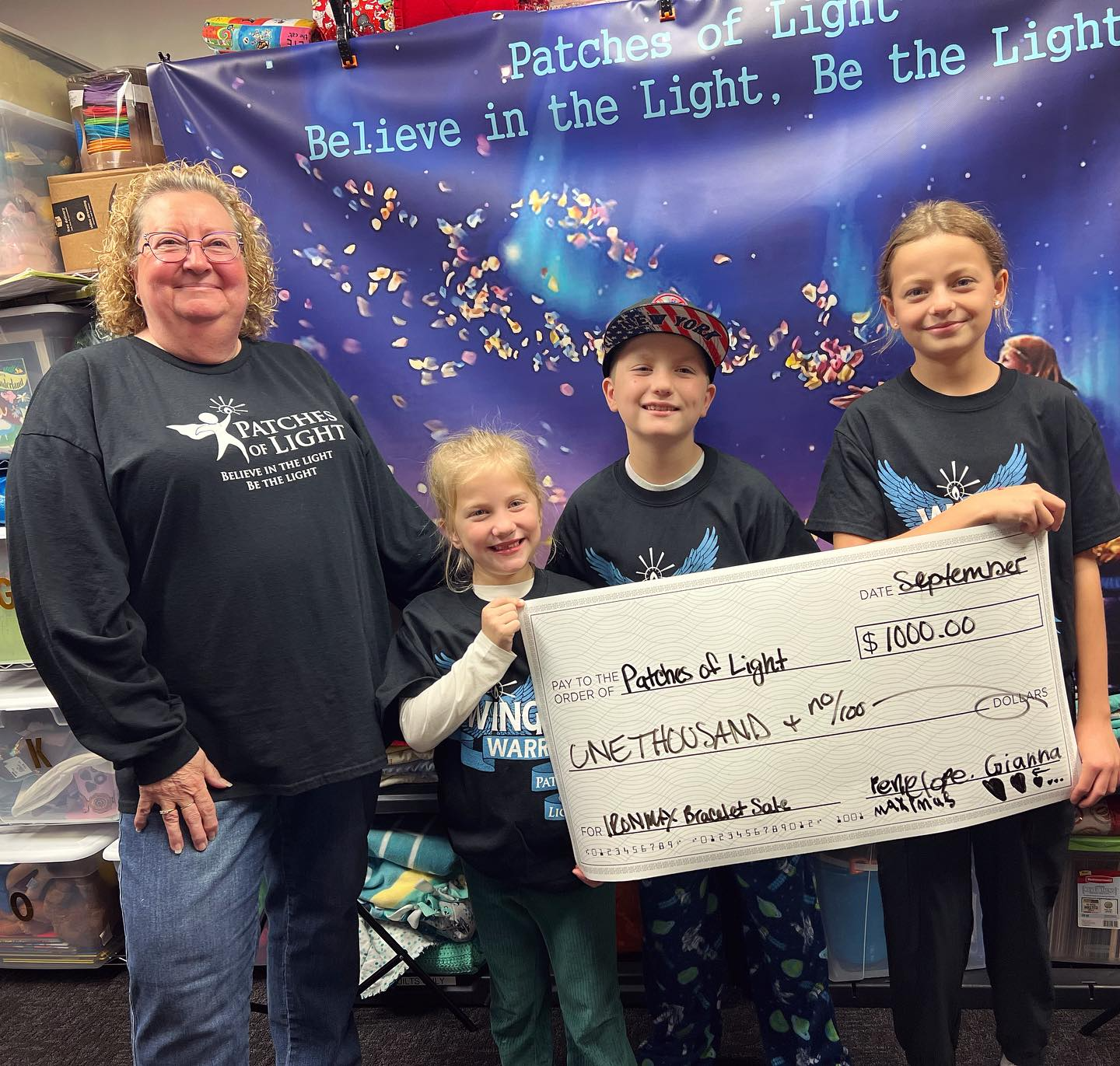 Max, Penelope, and GiGi worked hard to make bracelets and then sold them to raise funds and awareness for children facing catastrophic health issues. They presented their earnings to Patches of Light founder, Mindy Atwood.