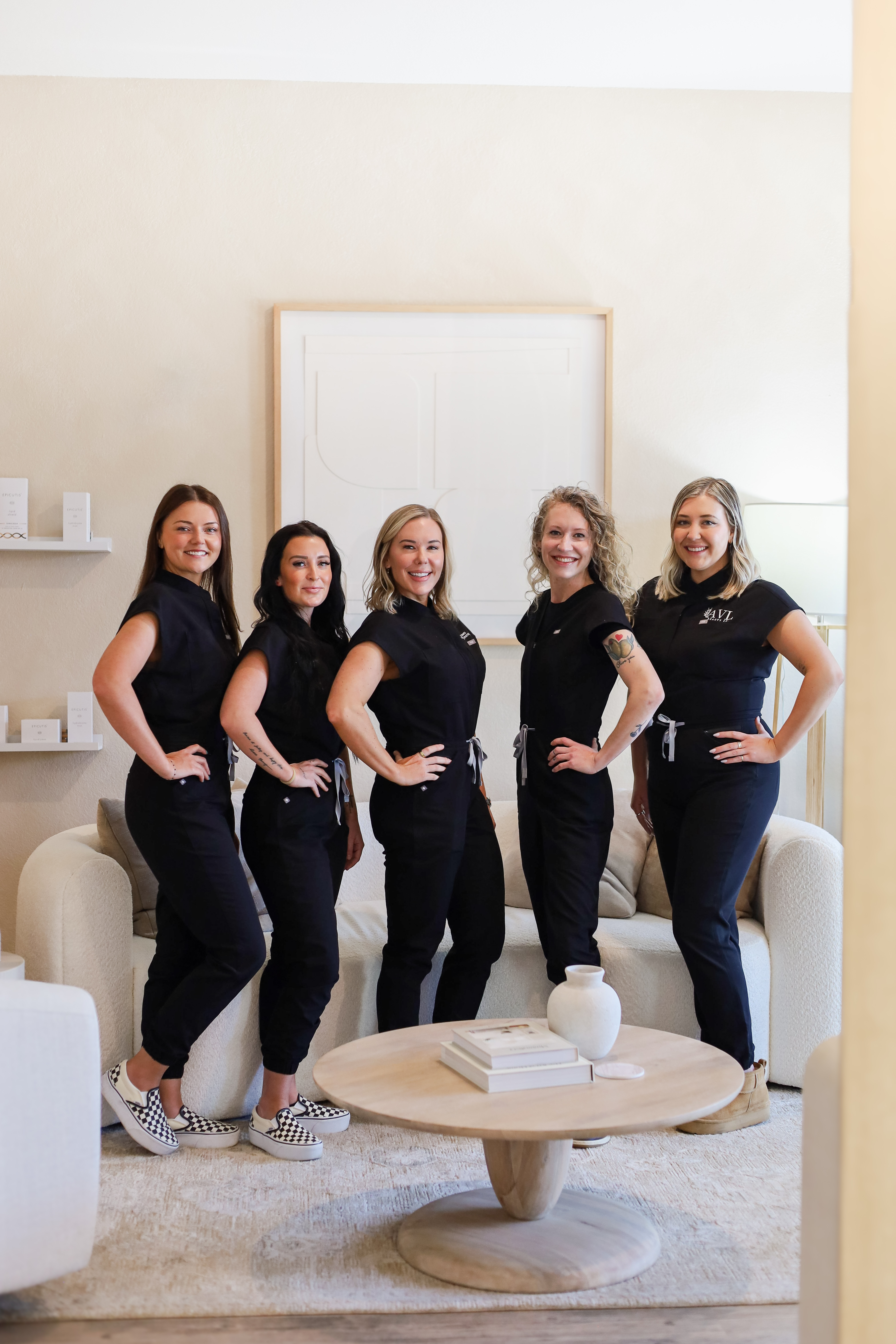 Hannah Hopkins, Aesthetic Nurse, Dallas Moffat, Practice Manager, Lindsey Kincaid, RN Co-founder, Lylla Domboski, Medical Esthetician and Kyra May, Patient Coordinator.