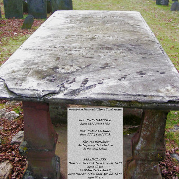 Hancock/Clarke Tomb - Rev John Hancock, John Hancock's grandfather, and his successor, Rev Jonas Clarke are buried at Ye Old Burring Ground in back of the First Parish Church where both men were ministers.