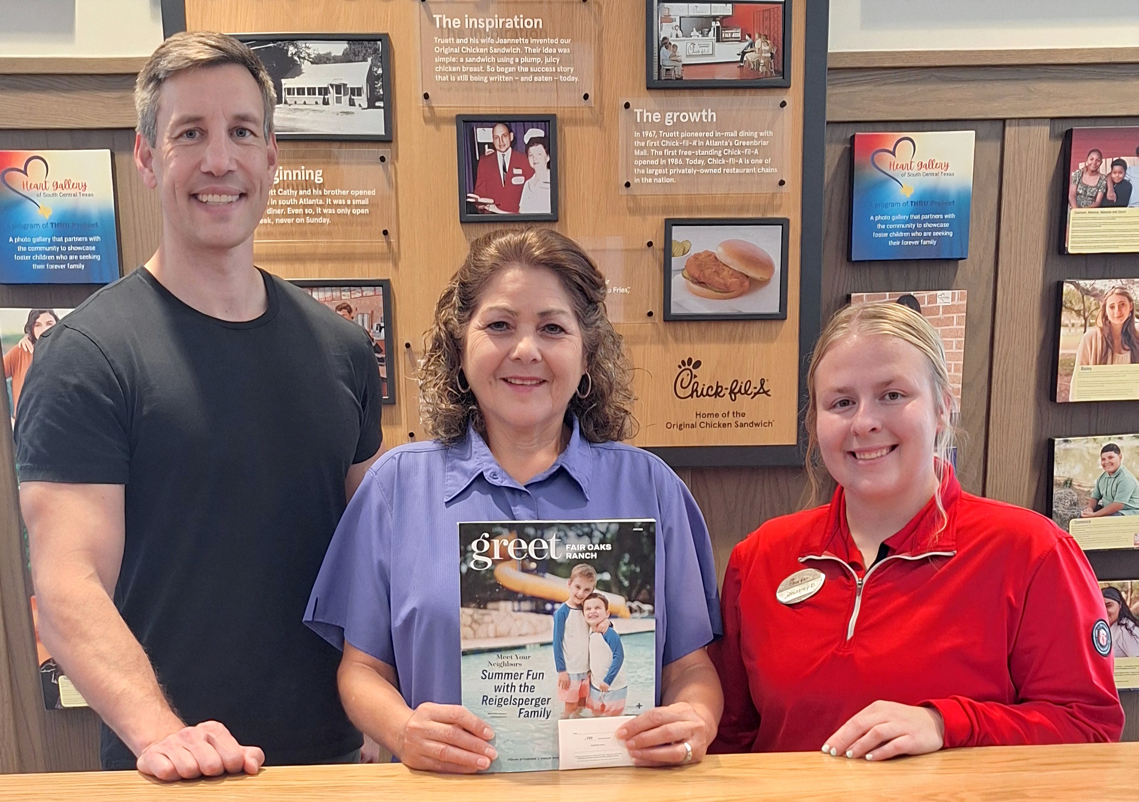 June 2026 1st Place Trivia Contest Winner Irma Garcia is joined by Greet Magazine Owner/Publisher Joe Olsen and Chick-fil-A Team Member Courtney Dowda.