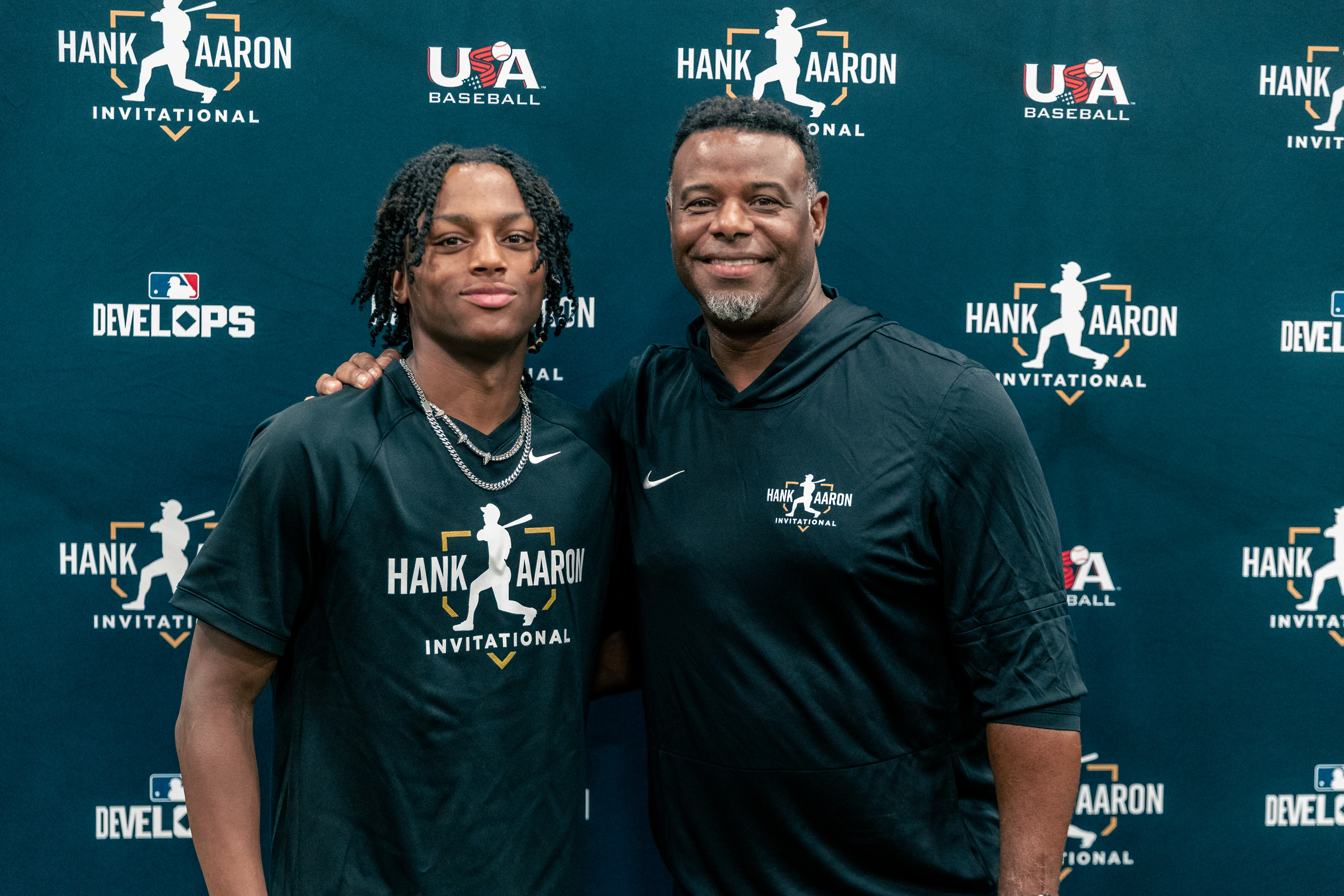 Todd shares a memorable moment with Baseball Hall of Famer Ken Griffey Jr. during the Hank Aaron Invitational, an MLB Develops event featuring some of the country’s top young baseball players.