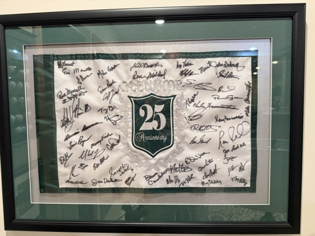 This is from the Member/Guest during Glenmoor’s 25th anniversary. As the members and their guests signed in for the event, everyone was asked to sign the flag, but were not told why. Then at the end of event dinner, this framed flag was presented to Mike because he had played in every member/guest t